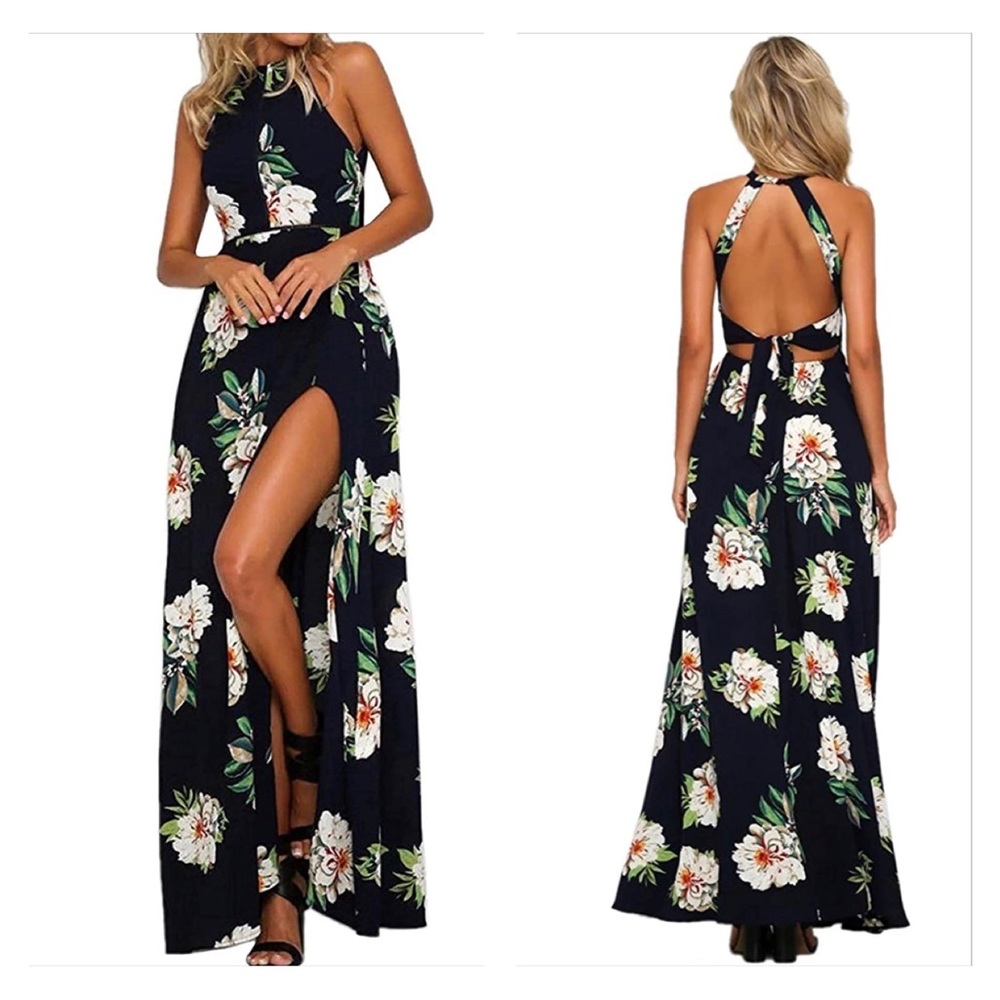 NWT Women's Halter Neck Floral Print Backless Split Beach Party Maxi Dress